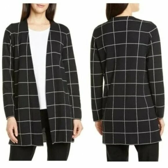 Eileen Fisher Womens Black Windowpane Wool Open Front Cardigan Sweater Size M - Picture 1 of 6